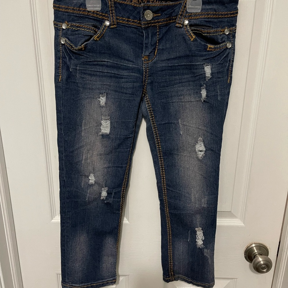 Almost Famous Distressed Denim Jean Capri Women's 5 Rhinestones